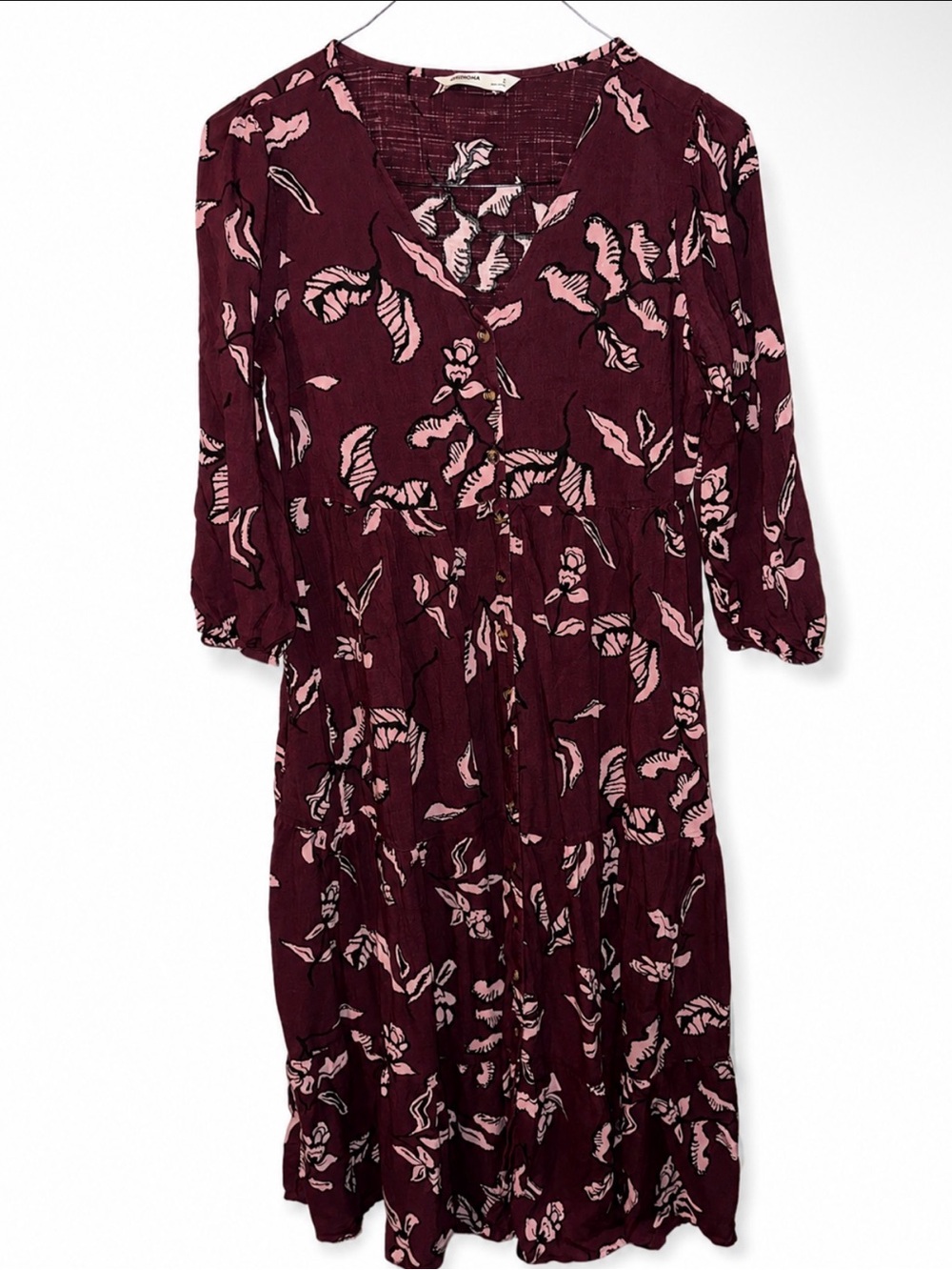 Sonoma Burgundy Floral Long-Sleeve Midi Dress with Pink Print